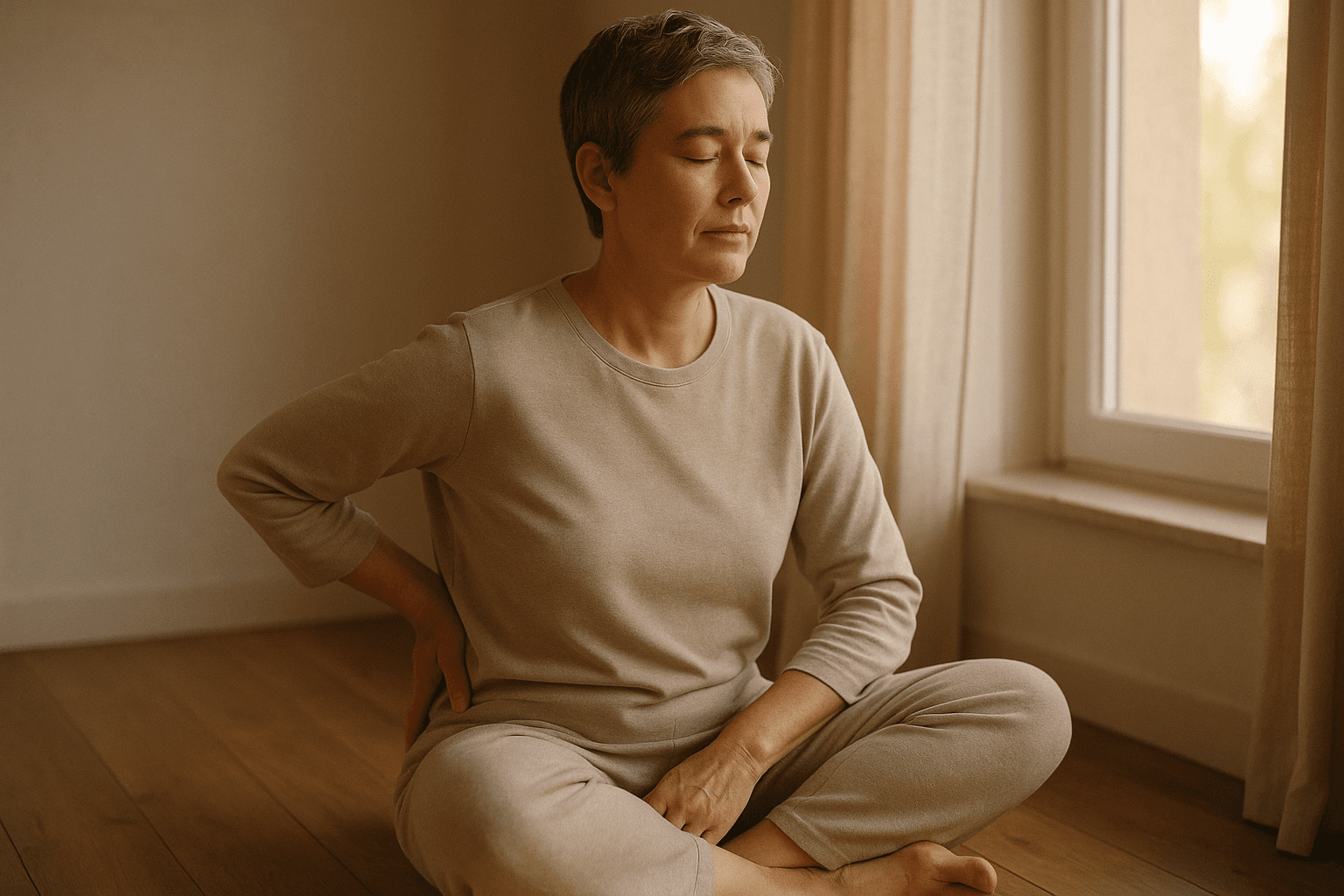 Person practicing somatic awareness for pain reprocessing therapy to relieve chronic back pain