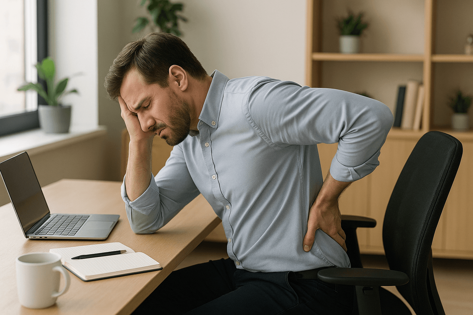 Person in morning light with hand on lower back, reflecting the connection between stress, emotion, and chronic back pain